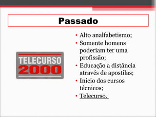 Passado
• Alto analfabetismo;
• Somente homens
poderiam ter uma
profissão;
• Educação a distância
através de apostilas;
• Inicio dos cursos
técnicos;
• Telecurso.
 
