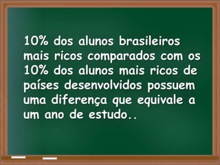 10% dos alunos brasileiros
mais ricos comparados com os
10% dos alunos mais ricos de
países desenvolvidos possuem
uma diferença que equivale a
um ano de estudo..
 