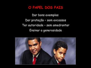 O PAPEL DOS PAIS Dar bons exemplos  Dar proteção – sem excessos Ter autoridade – sem amedrontar Ensinar a generosidade 