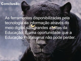 Conclusão: As ferramentas disponibilizadas pela tecnologia da informação através do  meio digital são grandes aliadas da Educação. É uma oportunidade que a Educação Profissional não pode perder. 