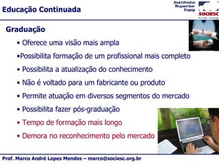Graduação Oferece uma visão mais ampla  Possibilita formação de um profissional mais completo Possibilita a atualização do conhecimento Não é voltado para um fabricante ou produto Permite atuação em diversos segmentos do mercado Possibilita fazer pós-graduação Tempo de formação mais longo Demora no reconhecimento pelo mercado 