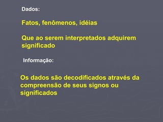 Dados: Fatos, fenômenos, idéias Que ao serem interpretados adquirem significado Informação: Os dados são decodificados através da compreensão de seus signos ou significados 