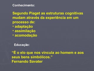 Conhecimento: Segundo Piaget as estruturas cognitivas mudam através da experiência em um  processo de: adaptação assimilação acomodação Educação:  “ É o elo que nos vincula ao homem e aos  seus bens simbólicos.” Fernando Savater 
