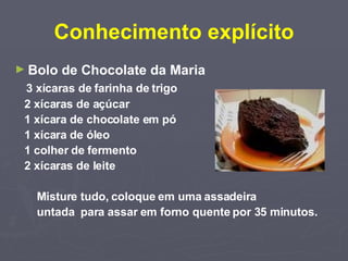 Conhecimento explícito Bolo de Chocolate da Maria 3 xícaras de farinha de trigo 2 xícaras de açúcar  1 xícara de chocolate em pó 1 xícara de óleo 1 colher de fermento 2 xícaras de leite Misture tudo, coloque em uma assadeira  untada  para assar em forno quente por 35 minutos. 