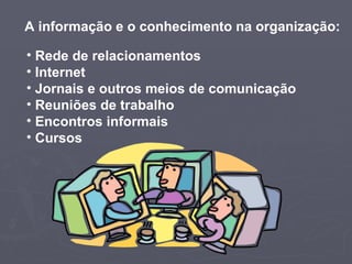 A informação e o conhecimento na organização: Rede de relacionamentos Internet Jornais e outros meios de comunicação Reuniões de trabalho Encontros informais Cursos 