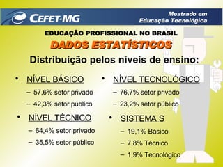 Distribuição pelos níveis de ensino : NÍVEL BÁSICO 57,6% setor privado 42,3% setor público NÍVEL TÉCNICO 64,4% setor privado 35,5% setor público NÍVEL TECNOLÓGICO 76,7% setor privado 23,2% setor público SISTEMA S 19,1% Básico 7,8% Técnico 1,9% Tecnológico DADOS ESTATÍSTICOS EDUCAÇÃO PROFISSIONAL NO BRASIL Mestrado em Educação Tecnológica 