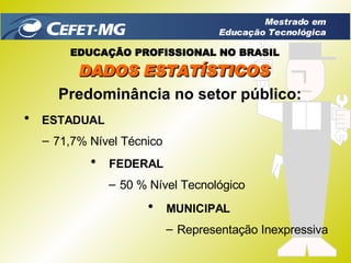 Predominância no setor público : ESTADUAL 71,7% Nível Técnico FEDERAL 50 % Nível Tecnológico MUNICIPAL Representação Inexpressiva DADOS ESTATÍSTICOS EDUCAÇÃO PROFISSIONAL NO BRASIL Mestrado em Educação Tecnológica 
