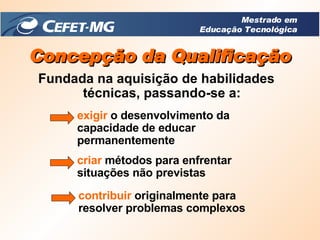 Concepção da Qualificação Fundada na aquisição de habilidades  técnicas, passando-se a: exigir  o desenvolvimento da capacidade de educar permanentemente criar  métodos para enfrentar situações não previstas contribuir  originalmente para resolver problemas complexos Mestrado em Educação Tecnológica 