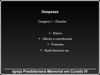 _____________________________________________ Igreja Presbiteriana Memorial em Curado IV Despesas Categoria 1 - Doações   Dízimo Ofertas e contribuições Presentes Ajuda financeira etc.   