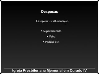 _____________________________________________ Igreja Presbiteriana Memorial em Curado IV Despesas Categoria 3 - Alimentação Supermercado Feira Padaria etc. 