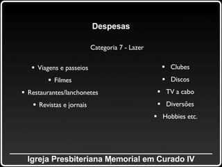_____________________________________________ Igreja Presbiteriana Memorial em Curado IV Despesas Categoria 7 - Lazer Viagens e passeios Filmes Restaurantes/lanchonetes Revistas e jornais Clubes Discos TV a cabo Diversões Hobbies etc. 