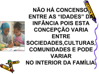 NÃO HÁ CONCENSO  ENTRE AS “IDADES” DA INFÂNCIA POIS ESTA CONCEPÇÃO VARIA ENTRE SOCIEDADES,CULTURAS, COMUNIDADES E PODE VARIAR NO INTERIOR DA FAMÍLIA. 