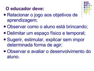 O educador deve: Relacionar o jogo aos objetivos de aprendizagem; Observar como o aluno está brincando; Delimitar um espaço físico e temporal; Sugerir, estimular, explicar sem impor determinada forma de agir; Observar e avaliar o desenvolvimento do aluno. 