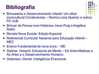 Bibliografia Brincadeira e Desenvolvimento Infantil: Um olhar sociocultural Construtivista – Norma Lúcia Queiróz e outros FE UnB Brincar de Pensar com Histórias- Irene Puig e Angélica Satiro Revista Nova Escola- Edição Especial  Referencial Curricular Nacional para Educação Infantil – MEC Ensino Fundamental de nove anos -  ME Gadner, Howard. Estruturas da Mente – Ed Artes Medicas e As Artes e o Desenvolvimento Humano. Golemam, Daniel. Inteligência Emocional. 