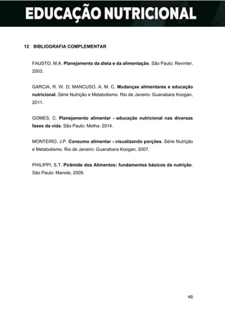 46
12 BIBLIOGRAFIA COMPLEMENTAR
FAUSTO, M.A. Planejamento da dieta e da alimentação. São Paulo: Revinter,
2003.
GARCIA, R. W. D; MANCUSO, A. M. C. Mudanças alimentares e educação
nutricional. Série Nutrição e Metabolismo. Rio de Janeiro: Guanabara Koogan,
2011.
GOMES, C. Planejamento alimentar - educação nutricional nas diversas
fases da vida. São Paulo: Metha: 2014.
MONTEIRO, J.P. Consumo alimentar - visualizando porções. Série Nutrição
e Metabolismo. Rio de Janeiro: Guanabara Koogan, 2007.
PHILIPPI, S.T. Pirâmide dos Alimentos: fundamentos básicos da nutrição.
São Paulo: Manole, 2009.
 