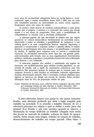 nove anos de escolaridade obrigatória feitos na escola básica e, even-
 tualmente, após o ensino secundário. Entre 1979 e 1991, um em cada
 três estudantes inscritos na universidade ou numa escola superior,
 freqüentara antes este ramo de ensino.
       O ensino é dado através de módulos independentes e cada aluno
 decide, por si próprio, o número e o conteúdo dos cursos que deseja
 seguir e o seu ritmo de progressão. Tem, pois, a possibilidade de
 compatibilizar os estudos com a atividade profissional.
       A educação popular (de tipo não-formal) de adultos tem por objeto
 promover os valores democráticos fundamentais na sociedade sueca,
 oferecendo a todos os cidadãos a possibilidade de enriquecer a sua
 cultura geral e as suas competências básicas, adquirir segurança e
 aprender a compreender e respeitar melhor a opinião alheia. O ensino
 baseia-se na participação ativa dos alunos, e na planificação e execução
 de tarefas. A aptidão para cooperar com os outros é considerada
 essencial. As atividades educativas deste tipo são, em grande parte,
 subvencionadas pelo Estado, mas os seus organizadores (movimentos
 políticos, sindicatos, populares e autoridades locais) têm toda a liberdade
 para fixarem o seu conteúdo.
       A educação popular dos adultos é ministrada, em regime de
 internato, em estabelecimentos para adultos (escolas populares), ou em
 círculos de estudos, sob a égide de associações educativas sem fins
 lucrativos. São pequenos grupos de pessoas que se reúnem para, em
 conjunto, levarem a cabo estudos ou atividades culturais organizadas
 durante determinado período. Não é necessário nenhum diploma para
 alguém se inscrever ou dirigir um círculo de estudos. Estes círculos
 abrangem mais de 25% da população adulta do país.

 Fontes: Ministério da Educação sueco. Coherence between compulsory education, initial
         and continuing training and adult education in Sweden. Estocolmo, 1994.
         Federação Nacional de Educação de Adultos. Non-formal Adult Education
         in Sweden. Estocolmo, 1995.



     A estes diferentes fatores vem juntar-se, nos países industria-
lizados, uma alteração profunda que afeta o lugar ocupado pelo
trabalho na sociedade. E se amanhã o trabalho deixasse de ser a
referência principal em relação à qual se define a maior parte das
pessoas? É-se levado a pôr esta questão, quando se observa a
diminuição do tempo dedicado ao trabalho (chegada mais tardia
dos jovens ao mercado de trabalho, redução da idade de aposen-
tadoria, férias anuais mais longas, redução da semana de trabalho,
desenvolvimento do trabalho em tempo parcial). Além disso, é

                                                                                   109
 