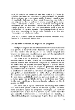 cada vez maiores de tempo que lhes são impostas por terem de
 trabalhar mais horas para conseguirem o pão de cada dia, têm o duplo
 efeito de desvalorizar o seu estatuto social e de manter elevada a taxa
 de natalidade. Dado que não lhes é possível aumentar, mais ainda, a
 sua carga de trabalho, as mulheres recorrem, em grande parte, a seus
 filhos — em especial às filhas — para se libertarem de uma parte de
 suas tarefas. De fato, a tendência crescente em muitas regiões de não
 mandar as filhas à escola para que assim possam ajudar a mãe no
 trabalho fará, com certeza, com que toda uma nova geração de jovens
 fique com perspectivas de futuro muito limitadas e se sinta em
 desvantagem em relação aos irmãos.

 Fonte: Jodi L. Jacobson. Gender Bias: Roadblock to Sustainable Development. Was-
 hington, D. C., Worldwatch Institute, 1992.


Uma reflexão necessária: os prejuízos do progresso

     O objetivo de puro crescimento econômico revela-se insuficiente
para garantir o desenvolvimento humano. Está posto em questão
por duas razões: não só devido ao seu caráter desigual, mas
também por causa dos elevados custos que acarreta especialmente
em matéria de ambiente e de emprego.
     No ritmo atual de produção, os chamados recursos não re-
nováveis correm, de fato, o risco de se tornarem cada vez mais
escassos, quer se trate de recursos energéticos ou de terras aráveis.
Por outro lado, as próprias indústrias ligadas às ciências físicas,
químicas e biológicas estão na origem de poluições destruidoras
ou perturbadoras da natureza. Finalmente, e de um modo geral,
as condições de vida sobre a terra estão ameaçadas: a escassez de
água potável, o desmatamento, o “efeito estufa”, a transformação
dos oceanos em lixeiras gigantes, são manifestações inquietantes
de uma irresponsabilidade geral das gerações atuais em relação
ao futuro para cuja gravidade alertou a Conferência das Nações
Unidas sobre Ambiente e Desenvolvimento realizada no Rio de
Janeiro em 1992.
     Por outro lado, o rápido aumento do desemprego nos últimos
anos em muitos países constitui, em muitos aspectos, um fenô-
meno estrutural ligado ao progresso tecnológico. Ao substituir
sistematicamente a mão-de-obra por um capital técnico inovador
que aumenta constantemente a produtividade do trabalho, se
está contribuindo para o subemprego de parte dessa mão-de-obra.

                                                                               79
 