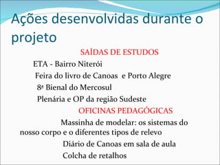 Ações desenvolvidas durante o projeto SAÍDAS DE ESTUDOS ETA - Bairro Niterói Feira do livro de Canoas  e Porto Alegre 8ª Bienal do Mercosul Plenária e OP da região Sudeste OFICINAS PEDAGÓGICAS Massinha de modelar: os sistemas do nosso corpo e o diferentes tipos de relevo Diário de Canoas em sala de aula Colcha de retalhos  