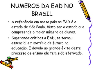 NUMEROS DA EAD NO BRASIL A referência em nosso país na EAD é o estado de São Paulo. Visto ser o estado que compreende o maior número de alunos. Superando criticas a EAD, se tornou essencial em matéria de futuro na educação. E devido ao grande êxito deste processo de ensino ele tem sido efetivado. 
