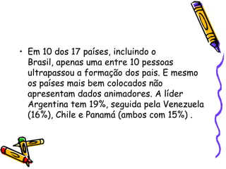 Em 10 dos 17 países, incluindo o Brasil, apenas uma entre 10 pessoas ultrapassou a formação dos pais. E mesmo os países mais bem colocados não apresentam dados animadores. A líder Argentina tem 19%, seguida pela Venezuela (16%), Chile e Panamá (ambos com 15%) .