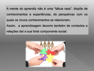 A mente do aprendiz não é uma “tábua rasa”, dispõe de 
conhecimentos e experiências, de perspetivas com os 
quais os novos conhecimentos se relacionam. 
Assim, a aprendizagem decorre também de contextos e 
relações daí a sua forte componente social. 
1 
 