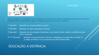 EDUCAÇÃO A DISTÂNCIA
Breve noção:
 Esta modalidade, na sua relação com a tecnologia, na tentativa de cobertura da distância geográfica e por vezes
temporal, dão inevitavelmente origem a múltiplas gerações de educação a distância:
Imagem:
https://slide
player.com.
br/slide/11
630281/
1ª geração: Baseada na correspondência postal;
2ª geração: Baseada na rádio, televisão e cinema;
3ª geração: Baseada nas tecnologias interativas, como áudio, texto, vídeo e conferência pela
web e imersiva;
4ª e 5ª geração: Baseada na aprendizagem flexível e inteligente, incorporadas na Web 2.0
ou Web semântica na sua extensão da World Wide Web.
 