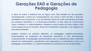 Gerações EAD e Gerações de 
Pedagogia 
• A ideia do ensino á distância tem já alguns anos. Está dividida em três gerações, 
nomeadamente o ensino por correspondência, que marca o início da EAD, a telescola, 
modalidade que incorporava o uso da televisão através de aulas previamente gravadas 
por emissoras educativas e a comunicação interativa, ou seja, redes de comunicação 
como a Internet e a videoconferência. Espalhou-se pelo mundo de forma rápida e tem 
vindo a ganhar força no mercado, através do investimento corporativo e da exigência do 
mercado de trabalho. 
• Surgiram também em períodos diferentes, as pedagogias cognitivo-behaviorista, 
fundamentadas em programas de treinamento específicos e com demonstração 
comportamental, as pedagogias socioconstrutivas que se verbalizavam pela construção 
pessoal do conhecimento e geralmente eram agrupadas no construtivismo social e as 
pedagogias conectivistas, i.e, o desenvolvimento do conetivismo na era de informação. 
 