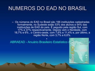 NUMEROS DO EAD NO BRASIL Os números do EAD no Brasil são 166 instituições cadastradas formalmente, no Sudeste estão 53% dos alunos e 54% das instituições de EAD do país. É seguido pela região Sul, com 17% e 37% respectivamente. Depois vem o Nordeste, com 18,7% e 6% , o Centro-oeste, com 7,6% e 11,4% e, por último, a região Norte, com 3,7% e 6,6%. ABRAEAD - Anuário Brasileiro Estatístico de Educação Aberta a Distância 