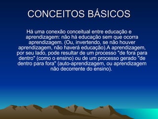 CONCEITOS BÁSICOS Há uma conexão conceitual entre educação e aprendizagem: não há educação sem que ocorra aprendizagem. (Ou, invertendo, se não houver aprendizagem, não haverá educação).A aprendizagem, por seu lado, pode resultar de um processo "de fora para dentro" (como o ensino) ou de um processo gerado "de dentro para fora" (auto-aprendizagem, ou aprendizagem não decorrente do ensino).  