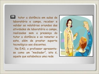    tutor a distância em aulas de laboratório e campo, receber e validar os relatórios oriundos das atividades de laboratório e campo, realizadas sem a presença do tutor a distância e os remeter a este, além de prestar suporte tecnológico aos discentes.  Na EAD, o professor apresenta-se como um “mediador”, isto é, aquele que estabelece uma rede  