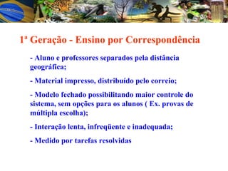 1ª Geração - Ensino por Correspondência - Aluno e professores separados pela distância geográfica; - Material impresso, distribuído pelo correio; - Modelo fechado possibilitando maior controle do sistema, sem opções para os alunos ( Ex. provas de múltipla escolha); - Interação lenta, infreqüente e inadequada; - Medido por tarefas resolvidas 