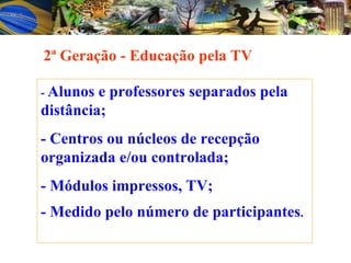 2ª Geração - Educação pela TV -  Alunos e professores separados pela distância;  - Centros ou núcleos de recepção organizada e/ou controlada; - Módulos impressos, TV; - Medido pelo número de participantes . 