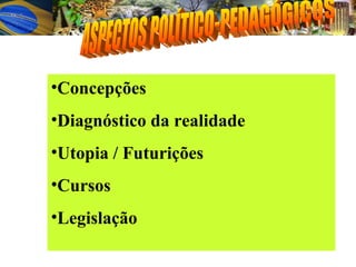 ASPECTOS POLÍTICO-PEDAGÓGICOS Concepções  Diagnóstico da realidade Utopia / Futurições Cursos  Legislação 