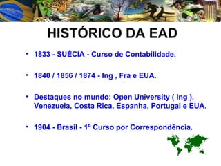 HISTÓRICO DA EAD 1833 - SUÉCIA - Curso de Contabilidade. 1840 / 1856 / 1874 - Ing , Fra e EUA. Destaques no mundo: Open University ( Ing ), Venezuela, Costa Rica, Espanha, Portugal e EUA. 1904 - Brasil - 1º Curso por Correspondência. 