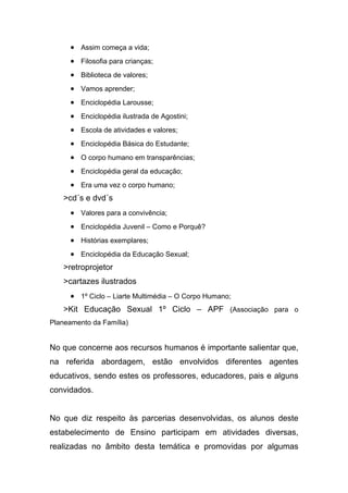  Assim começa a vida;
 Filosofia para crianças;
 Biblioteca de valores;
 Vamos aprender;
 Enciclopédia Larousse;
 Enciclopédia ilustrada de Agostini;
 Escola de atividades e valores;
 Enciclopédia Básica do Estudante;
 O corpo humano em transparências;
 Enciclopédia geral da educação;
 Era uma vez o corpo humano;
>cd´s e dvd´s
 Valores para a convivência;
 Enciclopédia Juvenil – Como e Porquê?
 Histórias exemplares;
 Enciclopédia da Educação Sexual;
>retroprojetor
>cartazes ilustrados
 1º Ciclo – Liarte Multimédia – O Corpo Humano;
>Kit Educação Sexual 1º Ciclo – APF (Associação para o
Planeamento da Família)
No que concerne aos recursos humanos é importante salientar que,
na referida abordagem, estão envolvidos diferentes agentes
educativos, sendo estes os professores, educadores, pais e alguns
convidados.
No que diz respeito às parcerias desenvolvidas, os alunos deste
estabelecimento de Ensino participam em atividades diversas,
realizadas no âmbito desta temática e promovidas por algumas
 