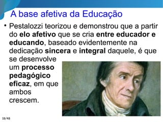 A base afetiva da Educação

Pestalozzi teorizou e demonstrou que a partir
do elo afetivo que se cria entre educador e
educando, baseado evidentemente na
dedicação sincera e integral daquele, é que
se desenvolve
um processo
pedagógico
eficaz, em que
ambos
crescem.
18/46
 