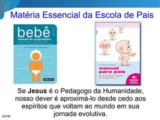 Esquecimento do Passado
Com efeito, a lembrança do passado
traria inconvenientes muito graves. Em
certos casos, poderia humilhar-nos
estranhamente, ou então exaltar o nosso
orgulho, e por isso mesmo dificultar o
exercício do nosso livre arbítrio. De
qualquer maneira, traria perturbações
inevitáveis às relações sociais.
Esquecimento do Passado
Evangelho Segundo o Espiritismo Capitulo V
28/46
 