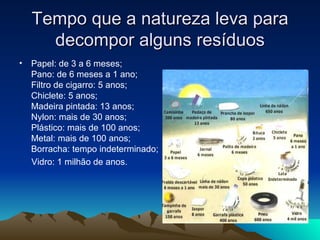 Tempo que a natureza leva para
    decompor alguns resíduos
• Papel: de 3 a 6 meses;
  Pano: de 6 meses a 1 ano;
  Filtro de cigarro: 5 anos;
  Chiclete: 5 anos;
  Madeira pintada: 13 anos;
  Nylon: mais de 30 anos;
  Plástico: mais de 100 anos;
  Metal: mais de 100 anos;
  Borracha: tempo indeterminado;
  Vidro: 1 milhão de anos.
 