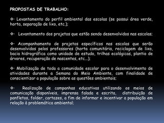 PROPOSTAS DE TRABALHO:

· Levantamento do perfil ambiental das escolas (se possui área verde,
horta, separação de lixo, etc.);

· Levantamento dos projetos que estão sendo desenvolvidos nas escolas;

· Acompanhamento de projetos específicos nas escolas que serão
desenvolvidos pelos professores (horta comunitária, reciclagem de lixo,
bacia hidrográfica como unidade de estudo, trilhas ecológicas, plantio de
árvores, recuperação de nascentes, etc...);

· Mobilização de toda a comunidade escolar para o desenvolvimento de
atividades durante a Semana do Meio Ambiente, com finalidade de
conscientizar a população sobre as questões ambientais;

·    Realização de campanhas educativas utilizando os meios de
comunicação disponíveis, imprensa falada e escrita, distribuição de
panfletos, folder, cartazes, a fim de informar e incentivar a população em
relação à problemática ambiental;
 