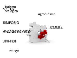 Turismo
VISITA
 ecológico
             Agroturismo

SIMPÓSIO
                    ASSEMBLÉIA
MEGAEVENTO

CONGRESSO

    FEIRA
 