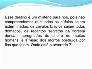 Esse destino é um mistério para nós, pois não
compreendemos que todos os búfalos sejam
exterminados, os cavalos bravios sejam todos
domados, os recantos secretos da floresta
densa, impregnados do cheiro de muitos
homens, e a visão dos morros obstruída por
fios que falam. Onde está o arvoredo ?
 