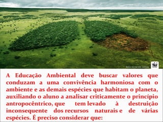 A Educação Ambiental deve buscar valores que
conduzam a uma convivência harmoniosa com o
ambiente e as demais espécies que habitam o planeta,
auxiliando o aluno a analisar criticamente o princípio
antropocêntrico, que tem levado à destruição
inconsequente dos recursos naturais e de várias
espécies. É preciso considerar que:
 