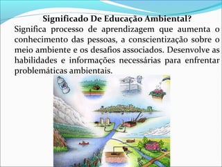 Significado De Educação Ambiental?
Significa processo de aprendizagem que aumenta o
conhecimento das pessoas, a conscientização sobre o
meio ambiente e os desafios associados. Desenvolve as
habilidades e informações necessárias para enfrentar
problemáticas ambientais.
 