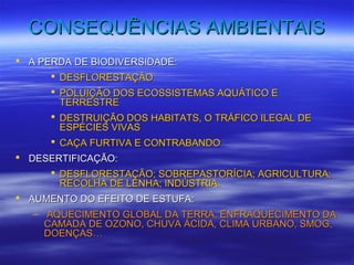 CCOONNSSEEQQUUÊÊNNCCIIAASS AAMMBBIIEENNTTAAIISS 
 AA PPEERRDDAA DDEE BBIIOODDIIVVEERRSSIIDDAADDEE:: 
 DDEESSFFLLOORREESSTTAAÇÇÃÃOO 
 PPOOLLUUIIÇÇÃÃOO DDOOSS EECCOOSSSSIISSTTEEMMAASS AAQQUUÁÁTTIICCOO EE 
TTEERRRREESSTTRREE 
 DDEESSTTRRUUIIÇÇÃÃOO DDOOSS HHAABBIITTAATTSS,, OO TTRRÁÁFFIICCOO IILLEEGGAALL DDEE 
EESSPPÉÉCCIIEESS VVIIVVAASS 
 CCAAÇÇAA FFUURRTTIIVVAA EE CCOONNTTRRAABBAANNDDOO 
 DDEESSEERRTTIIFFIICCAAÇÇÃÃOO:: 
 DDEESSFFLLOORREESSTTAAÇÇÃÃOO;; SSOOBBRREEPPAASSTTOORRÍÍCCIIAA;; AAGGRRIICCUULLTTUURRAA;; 
RREECCOOLLHHAA DDEE LLEENNHHAA;; IINNDDÚÚSSTTRRIIAA.. 
 AAUUMMEENNTTOO DDOO EEFFEEIITTOO DDEE EESSTTUUFFAA:: 
– AAQQUUEECCIIMMEENNTTOO GGLLOOBBAALL DDAA TTEERRRRAA,, EENNFFRRAAQQUUEECCIIMMEENNTTOO DDAA 
CCAAMMAADDAA DDEE OOZZOONNOO,, CCHHUUVVAA ÁÁCCIIDDAA,, CCLLIIMMAA UURRBBAANNOO,, SSMMOOGG,, 
DDOOEENNÇÇAASS…… 
 