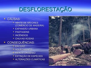 DDEESSFFLLOORREESSTTAAÇÇÃÃOO 
 CCAAUUSSAASS:: 
 AABBAATTEE DDEE ÁÁRRVVOORREESS 
((CCOOMMÉÉRRCCIIOO DDEE MMAADDEEIIRRAA)) 
 EEXXPPAANNSSÃÃOO UURRBBAANNAA 
 PPAASSTTAAGGEENNSS 
 IINNCCÊÊNNDDIIOOSS 
 CCHHUUVVAASS ÁÁCCIIDDAASS 
 CCOONNSSEEQQUUÊÊNNCCIIAASS:: 
 EERROOSSÃÃOO 
 AAQQUUEECCIIMMEENNTTOO 
 MMEENNOOSS OOXXIIGGÉÉNNIIOO 
 EEXXTTIINNÇÇÃÃOO DDEE EESSPPÉÉCCIIEESS 
 AALLTTEERRAAÇÇÕÕEESS CCLLIIMMÁÁTTIICCAASS 
 