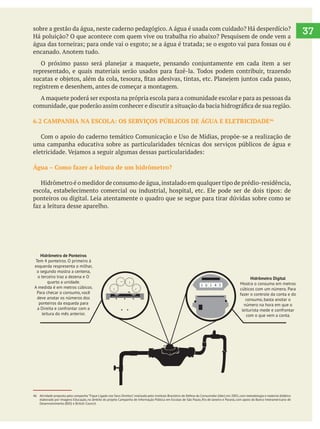   37
46 Atividade proposta pela campanha“Fique Ligado nos Seus Direitos”,realizada pelo Instituto Brasileiro de Defesa do Consumidor (Idec) em 2002,com metodologia e material didático
elaborado por Imagens Educação, no âmbito do projeto Campanha de Informação Pública em Escolas de São Paulo, Rio de Janeiro e Paraná, com apoio do Banco Interamericano de
Desenvolvimento (BID) e British Council.
sobre a gestão da água, neste caderno pedagógico. A água é usada com cuidado? Há desperdício?
encanado. Anotem tudo.
registrem e desenhem, antes de começar a montagem.
A maquete poderá ser exposta na própria escola para a comunidade escolar e para as pessoas da
6.2 CAMPANHA NA ESCOLA: OS SERVIÇOS PÚBLICOS DE ÁGUA E ELETRICIDADE46
uma campanha educativa sobre as particularidades técnicas dos serviços públicos de água e
Água – Como fazer a leitura de um hidrômetro?
Hidrômetro é o medidor de consumo de água,instalado em qualquer tipo de prédio-residência,
ponteiros ou digital. Leia atentamente o quadro que se segue para tirar dúvidas sobre como se
01 2 4 3
Hidrômetro de Ponteiros
Tem 4 ponteiros. O primeiro à
esquerda respresenta o milhar, o
segundo mostra a centena, o terceiro
traz a dezena e o quarto a unidade.
A medida é em metros cúbicos.
Para checar o consumo, você deve anotar
os números dos ponteiros da esqueda
para a direita e confrontar com a
leitura do mês anterior.
Hidrômetro Digital
Mostra o consumo em metros
cúbicos com um número. Para
fazer o controle da conta e do
consumo, basta anotar o
número na hora em que o
leiturista mede e confrontar
com o que vem a conta.
Hidrômetro de Ponteiros
Tem 4 ponteiros. O primeiro à
esquerda respresenta o milhar,
o segundo mostra a centena,
o terceiro traz a dezena e O
quarto a unidade.
A medida é em metros cúbicos.
Para checar o consumo, você
deve anotar os números dos
ponteiros da esqueda para
a Direita e confrontar com a
leitura do mês anterior.
Hidrômetro Digital
Mostra o consumo em metros
cúbicos com um número. Para
fazer o controle da conta e do
consumo, basta anotar o
número na hora em que o
leiturista mede e confrontar
com o que vem a conta.
 