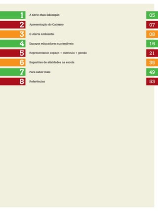 1
2
3
5
4
6
A Série Mais Educação 05
07
08
16
21
35
Apresentação do Caderno
O Alerta Ambiental
Espaços educadores sustentáveis
Representando espaço + currículo + gestão
Sugestões de atividades na escola
Para saber mais
7 49
8 Referências 53
 
