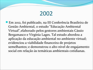 2002
Em 2012, foi publicado, na III Conferência Brasileira de
Gestão Ambiental, o estudo "Educação Ambiental
Virtual",elaborado pelos gestores ambientais Cássio
Bergamasco e Virgínia Lages. Tal estudo abordou a
aplicação da educação ambiental no ambiente virtual;
evidenciou a viabilidade financeira de projetos
semelhantes; e demonstrou o alto nível de engajamento
social em relação às temáticas ambientais cotidianas.
 