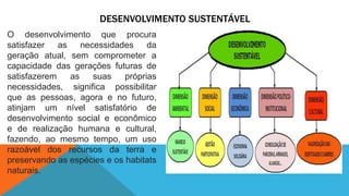 DESENVOLVIMENTO SUSTENTÁVEL
O desenvolvimento que procura
satisfazer as necessidades da
geração atual, sem comprometer a
capacidade das gerações futuras de
satisfazerem as suas próprias
necessidades, significa possibilitar
que as pessoas, agora e no futuro,
atinjam um nível satisfatório de
desenvolvimento social e econômico
e de realização humana e cultural,
fazendo, ao mesmo tempo, um uso
razoável dos recursos da terra e
preservando as espécies e os habitats
naturais.
 