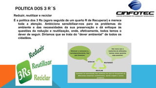 POLITICA DOS 3 R´S
Reduzir, reutilizar e reciclar
É a política dos 3 Rs (agora seguida de um quarto R de Recuperar) e merece
toda a atenção. Ambiciona sensibilizar-nos para os problemas do
ambiente e das necessidades da sua preservação e dá enfoque às
questões da redução e reutilização, onde, efetivamente, todos temos o
dever de seguir. Diríamos que se trata do “dever ambiental” de todos os
cidadãos.
 
